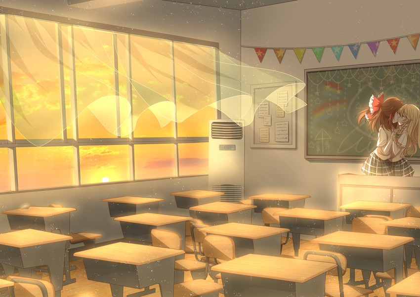 3000_xiao_chun absurdres ai_ai_gasa alternate_costume backlighting blonde_hair bow braid brown_hair bulletin_board chair chalkboard character_name classroom closed_eyes cloud couple curtains desk facing_another hair_bow hair_tubes hakurei_reimu hand_on_another's_back heart highres holding_hands indoors interlocked_fingers kirisame_marisa kiss light_particles long_hair multiple_girls open_window orange_sky pennant plaid plaid_skirt rainbow school_desk school_uniform shadow short_sleeves side_braid single_braid skirt sky star string_of_flags sun sunset touhou vest wind window wooden_floor yellow_sky yuri