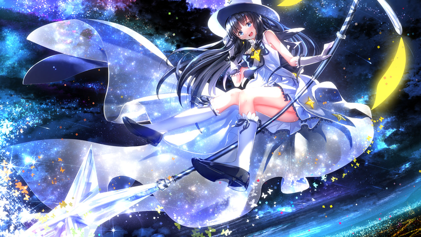 :d bare_shoulders blush broom broom_riding dress full_body hat highres houkago_no_pleiades itsuki_(houkago_no_pleiades) kneehighs leg_garter legs looking_at_viewer magical_girl night night_sky open_mouth sky sleeveless sleeveless_dress smile socks staff star_(sky) starry_sky swordsouls thighs top_hat white_dress white_legwear