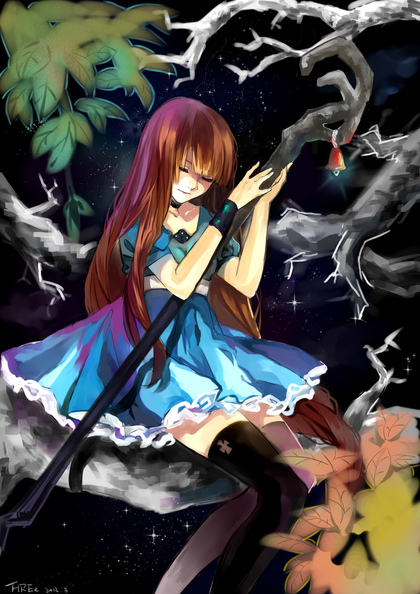 absurdres bell brown_hair choker closed_eyes dress frilled_dress frills highres leaf long_hair pixiv_fantasia pixiv_fantasia_new_world san_(pixiv2402528) solo thighhighs tree wristband