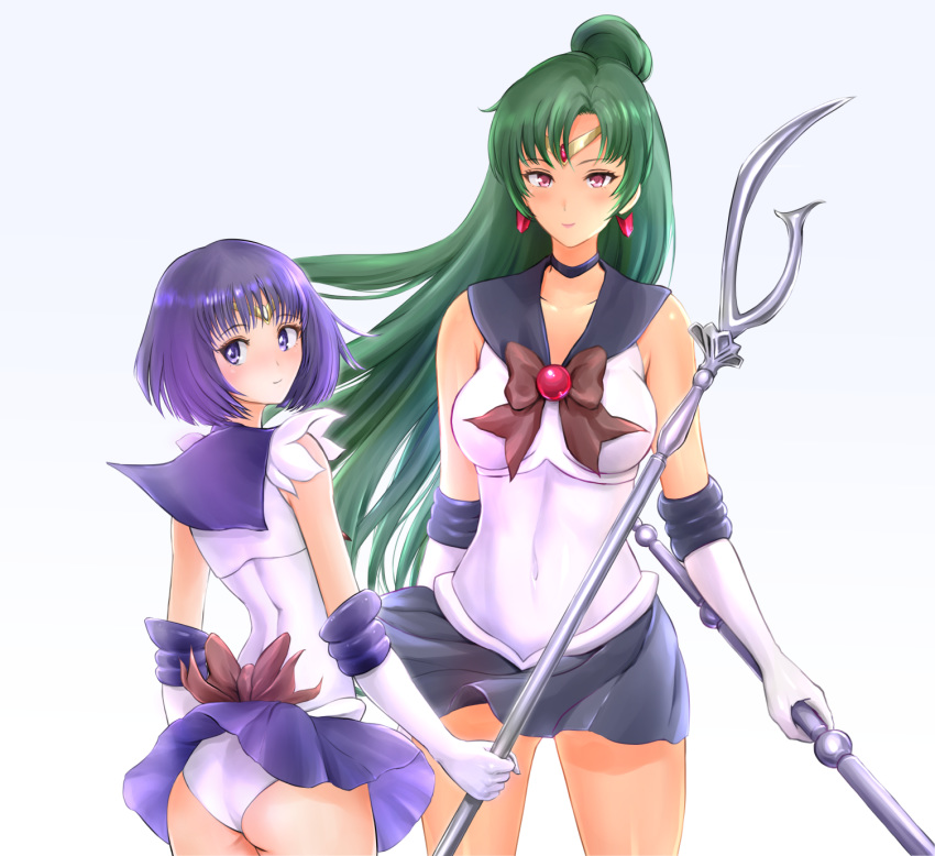 age_difference ass ass_visible_through_thighs bare_shoulders bishoujo_senshi_sailor_moon bow choker covered_navel earrings elbow_gloves gloves gluteal_fold green_hair hair_bun height_difference highres jewelry long_hair meiou_setsuna multiple_girls navel pleated_skirt purple_eyes purple_hair red_eyes sailor_collar sailor_pluto sailor_saturn scythe simple_background skirt sonota_taisei staff standing tomoe_hotaru white_background wind