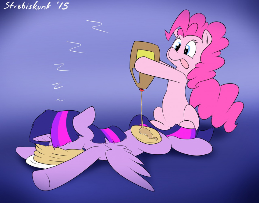 2015 blue_eyes duo equine female food friendship_is_magic hair horn horse mammal my_little_pony pancake pink_hair pinkie_pie_(mlp) pony purple_hair sleeping strebiskunk syrup twilight_sparkle_(mlp) winged_unicorn wings zzz