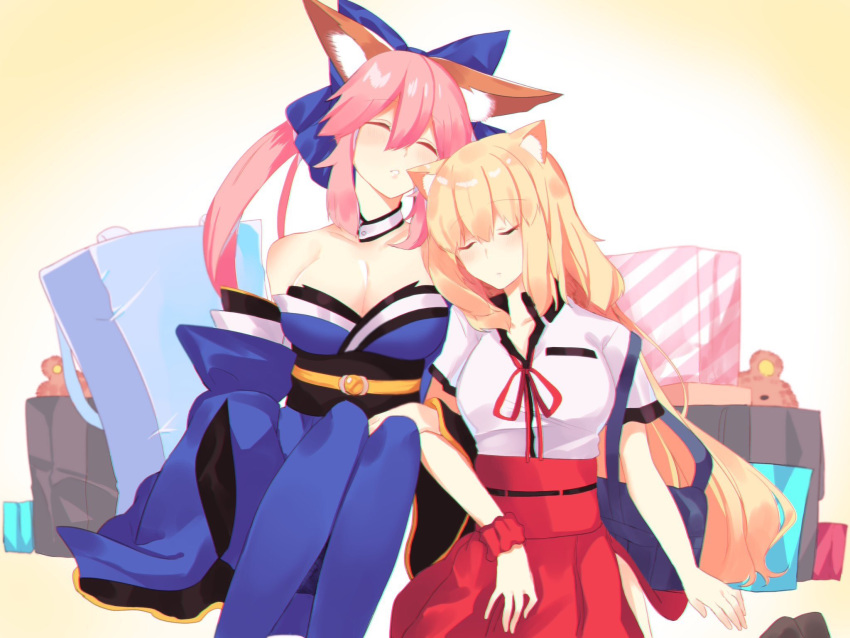 2girls animal_ears bag bare_shoulders blonde_hair blue_bow blue_kimono blue_legwear blush bow breasts cleavage closed_mouth commentary_request detached_collar detached_sleeves eyes_closed fate/grand_order fate_(series) fox_ears hair_bow high-waist_skirt highres japanese_clothes kimono large_breasts long_hair multiple_girls necktie nyokichi_(nyokitto!) obi parted_lips pink_hair red_neckwear red_scrunchie red_skirt sash scrunchie shirt short_sleeves siblings side-by-side sisters skirt sleeping stuffed_animal stuffed_toy suzuka_gozen_(fate) tamamo_(fate)_(all) tamamo_no_mae_(fate) teddy_bear thighhighs very_long_hair white_shirt wrist_scrunchie