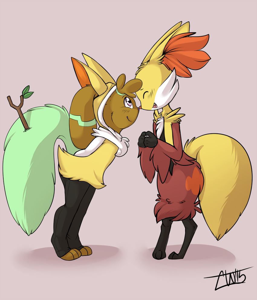 &lt;3 2015 alchemical anthro black_fur blush braixen brown_fur canine clothing cosplay cute delphox duo eyes_closed fluffy fox fur hoodie lagomorph mammal nintendo open_mouth orange_fur pajamas paws plain_background pok&eacute;mon purple_eyes rabbit smile standing stick teeth tongue video_games white_fur yellow_fur