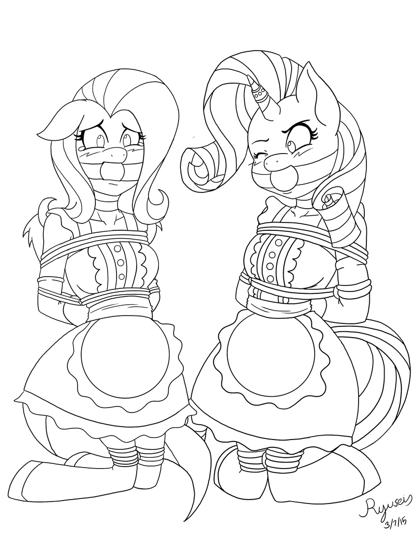 2015 anthro anthrofied ball_gag bdsm black_and_white bondage bound clothing duo equine female fluttershy_(mlp) friendship_is_magic gag hair horn kneeling magic_inhibitor maid maid_uniform mammal monochrome my_little_pony pegasus rarity_(mlp) ring rope_bondage ryuseihikari unicorn wings wings.