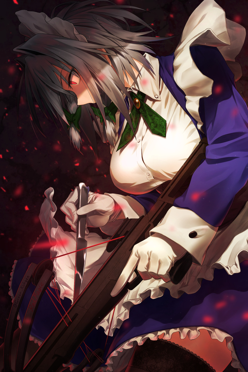 1girl absurdres apron black_legwear bow bow_(weapon) braid breasts buttons collared_shirt crossbow dress_shirt frills from_side gloves green_bow greenkohgen hair_bow hair_intakes highres holding holding_knife holding_weapon izayoi_sakuya knife large_breasts long_hair long_sleeves maid_apron maid_headdress profile red_eyes red_string shirt silver_hair solo string thighhighs touhou twin_braids twitter_username weapon white_gloves wing_collar