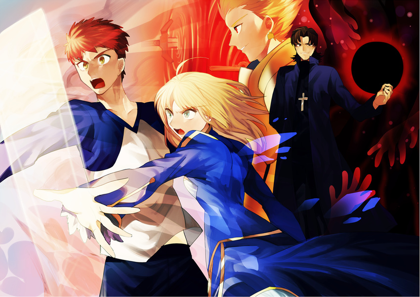 3boys artoria_pendragon_(all) avalon_(fate/stay_night) bad_id bad_pixiv_id emiya_shirou fate/stay_night fate_(series) gate_of_babylon gilgamesh kotomine_kirei multiple_boys naoko_(juvenile) saber sheath