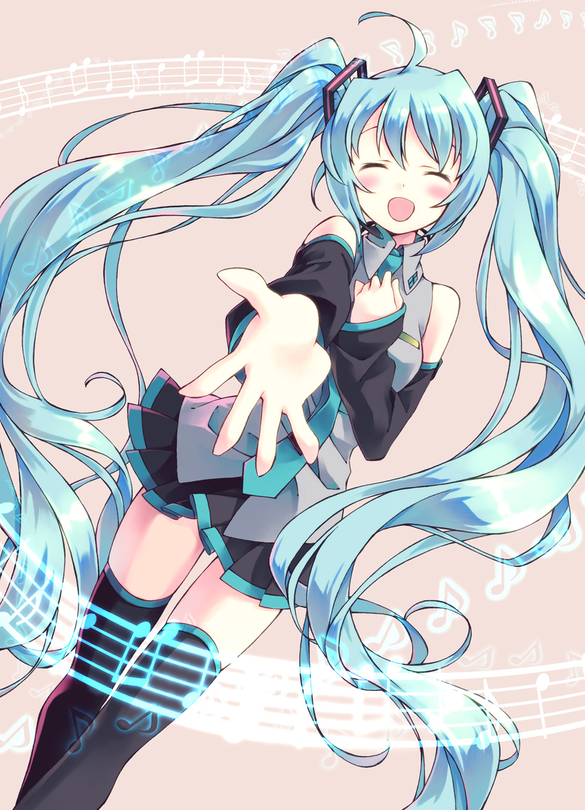 ^_^ ahoge aqua_hair bad_id bad_pixiv_id bare_shoulders beamed_eighth_notes black_legwear black_skirt blush boots choco_(choco-la) closed_eyes collared_shirt colorized detached_sleeves dutch_angle eighth_note facing_viewer hand_on_own_chest hatsune_miku highres long_hair musical_note necktie open_mouth outstretched_hand pleated_skirt quarter_note shirt skirt solo staff_(music) thigh_boots thighhighs twintails very_long_hair vocaloid yuetsuki_(ash)