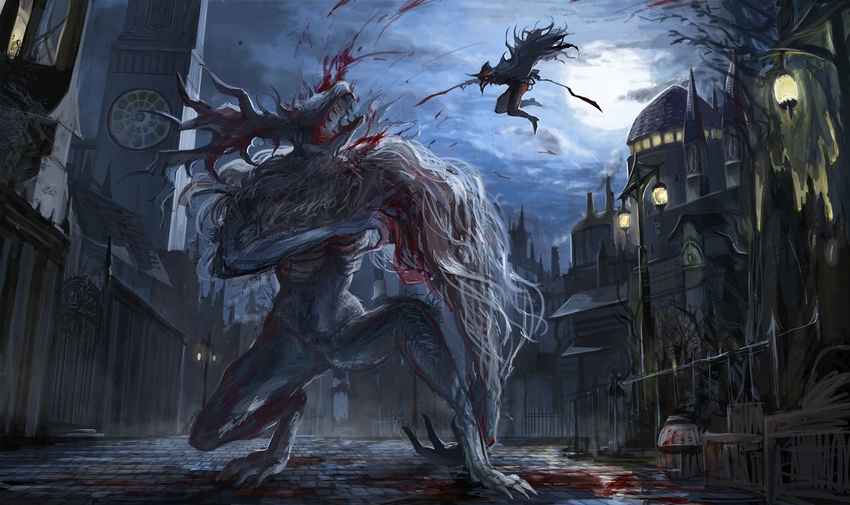 architecture barrel battle blood bloodborne box building cape church cleric_beast cloud dual_wielding eileen_the_crow feathers full_moon gate gothic_architecture hat holding holding_weapon lamppost maddoze mask monster moon night night_sky plague_doctor sky solo weapon
