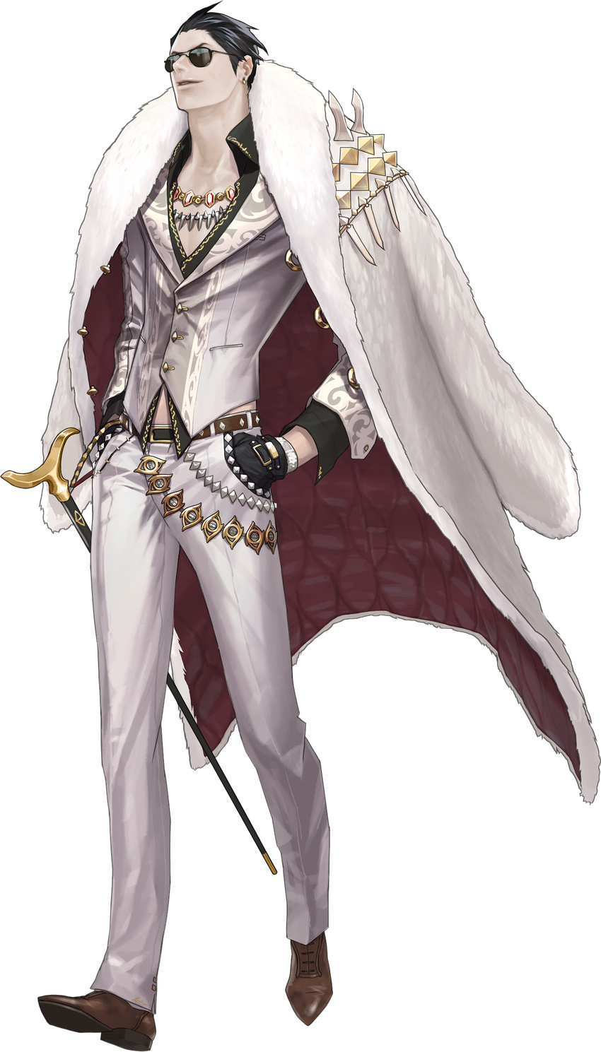 alternate_costume artist_request belt black_hair chaos_online earrings eldin full_body gloves highres jewelry male_focus necklace official_art parted_lips shoes solo sunglasses transparent_background walking walking_stick