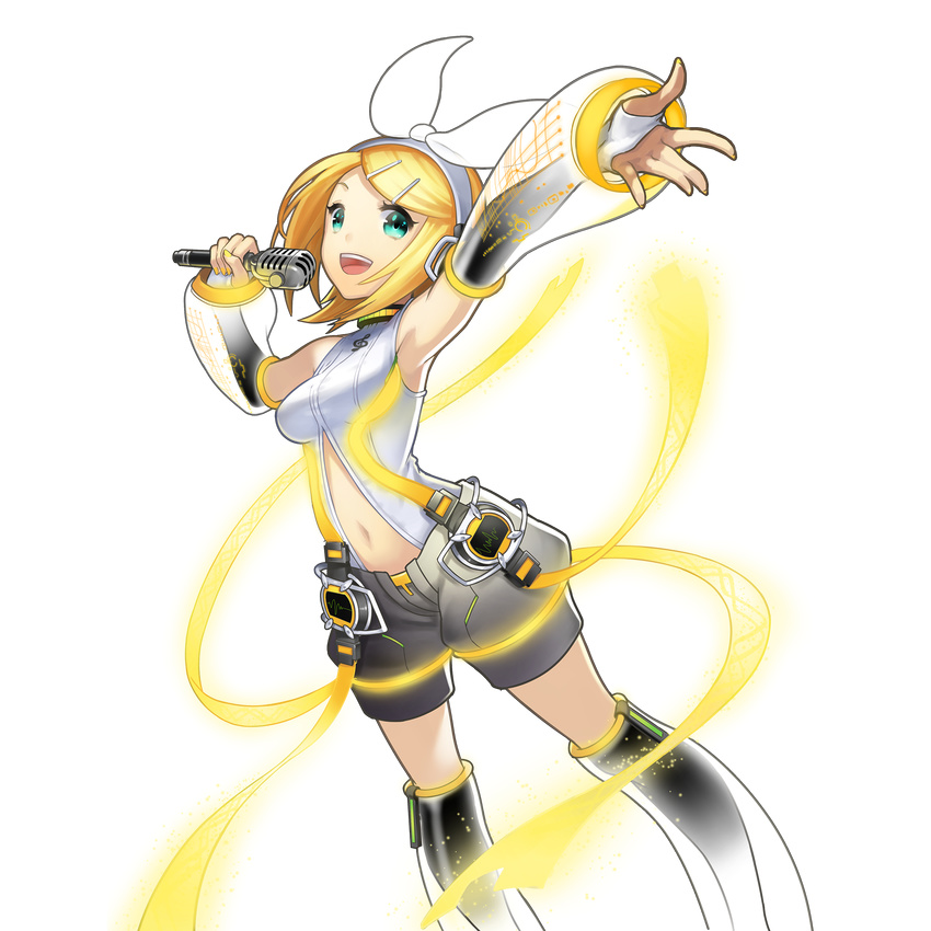 aqua_eyes artist_request blonde_hair bow detached_sleeves headphones highres kagamine_rin kagamine_rin_(append) microphone open_mouth short_hair shorts smile solo transparent_background uchi_no_hime-sama_ga_ichiban_kawaii vocaloid vocaloid_append