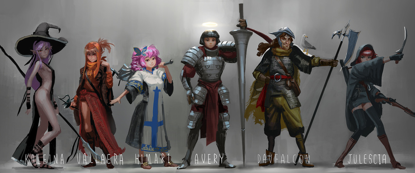5girls animal animal_on_shoulder armor bird bird_on_shoulder borrowed_character breasts butterfly_hair_ornament chainmail character_name commentary dagger doyora drill_hair dual_wielding dungeons_and_dragons faulds full_armor full_body glaive gun hair_ornament halberd halo hat helmet highres holding hood kaleina_(ricegnat) lance lineup long_hair mace medium_breasts multiple_girls naked_tabard original over_shoulder pauldrons pink_hair planted_weapon pointy_ears polearm purple_hair quiver rapier revealing_clothes reverse_grip rifle sakuraba_himari sarong seagull sideboob sword tabard twin_drills vallaera weapon weapon_over_shoulder witch_hat