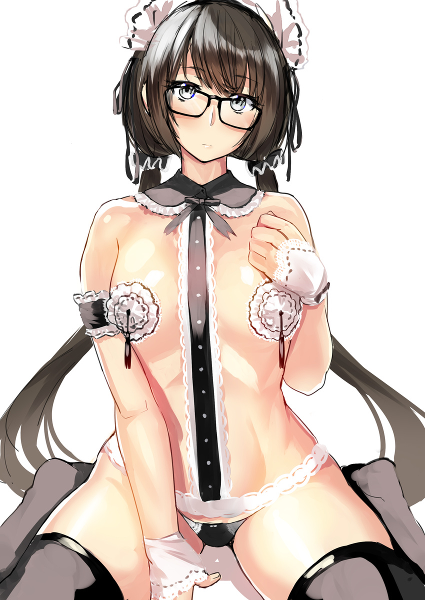 absurdres arm_garter black_eyes black_hair glasses highres lace long_hair low_twintails maid_headdress original panties pasties solo takamura_wamu thighhighs twintails underwear underwear_only very_long_hair