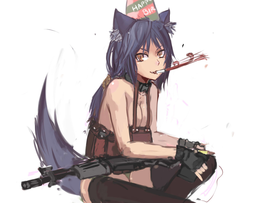 animal_ears assault_rifle black_legwear breasts bullet cleavage collar dog_ears dog_tail fang fingerless_gloves galil_ar_(upotte!!) gloves gun hair_ribbon happy_birthday hat highres imi_galil load_bearing_vest long_hair magazine_(weapon) medium_breasts panties panties_(pantsu-pirate) pantyshot pantyshot_(sitting) party_hat party_horn ribbon rifle shirtless sitting solo tail thighhighs underwear upotte!! weapon