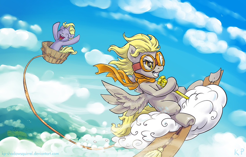 2015 blonde_hair cloud cutie_mark derpy_hooves_(mlp) dinky_hooves_(mlp) duo equine eyewear female feral flying friendship_is_magic fur glasses grey_fur hair happy horn karol_pawlinski mammal my_little_pony outside pegasus scarf sky smile unicorn wings yellow_eyes