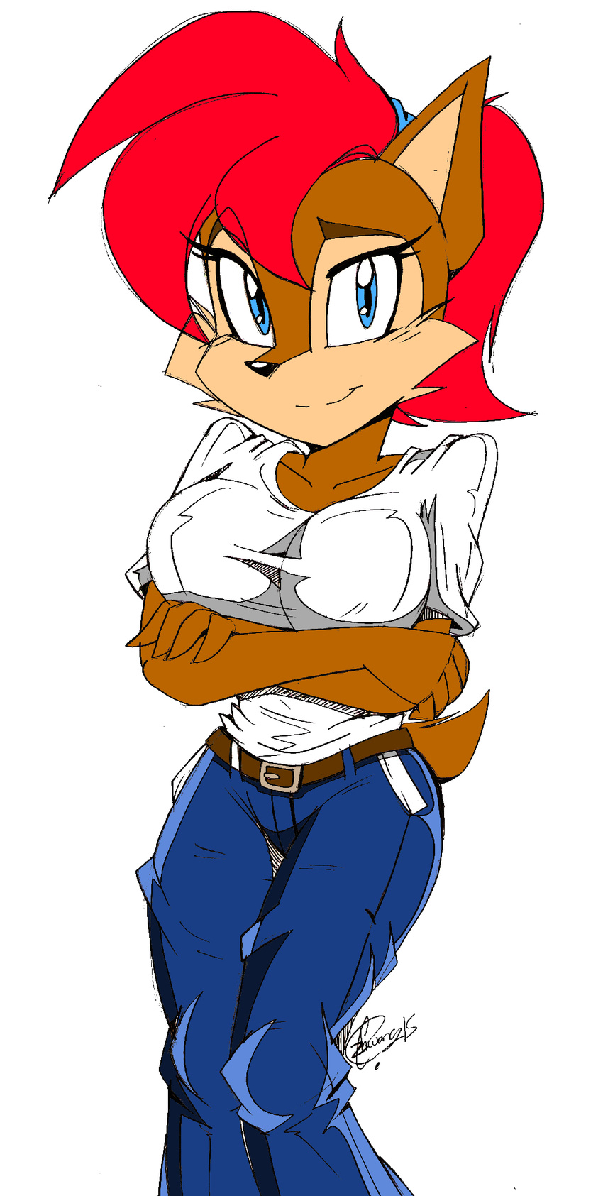 2015 akatsukishiranui-fox anthro belt big_breasts bipedal blue_eyes breasts chipmunk clothed clothing eyelashes female hair jeans mammal red_hair rodent sally_acorn smile solo sonic_(series)