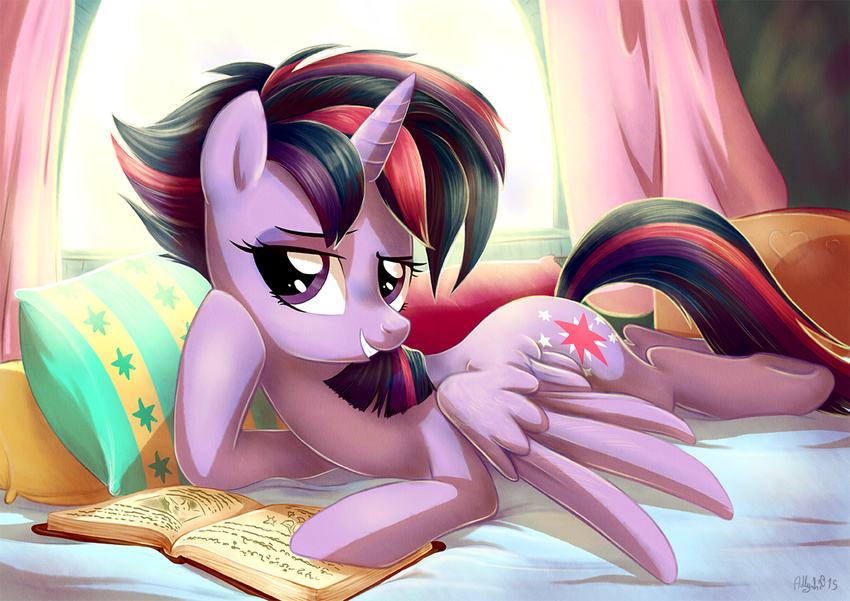 2015 adlynh alternate_hairstyle bed book cutie_mark equine female feral friendship_is_magic hair horn inside looking_at_viewer lying mammal my_little_pony pillow purple_eyes purple_hair reading smile solo twilight_sparkle_(mlp) winged_unicorn wings