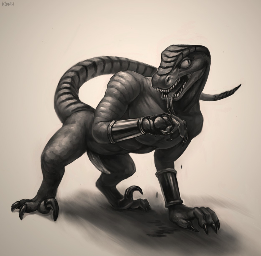2015 abs anthro biceps big_muscles blood claws cuffs digitigrade dinosaur erection fangs forked_tongue killer_instinct klongi male monochrome muscles nude open_mouth pecs penis pose reptile riptor scales scalie solo teeth theropod toe_claws tongue tongue_out video_games