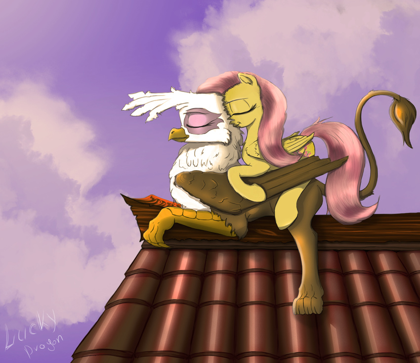 avian equine female feral fluttershy_(mlp) friendship_is_magic gilda_(mlp) gryphon lucky_dragoness mammal my_little_pony pegasus smile wings
