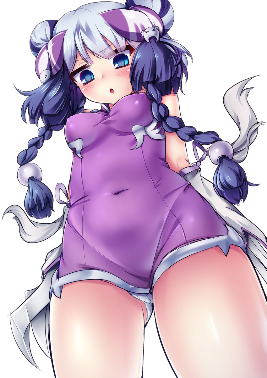 blue_eyes blush braid breasts chinese_clothes claw_(weapon) covered_nipples double_bun from_below hair_ornament haku_(p&amp;d) highres looking_at_viewer looking_down medium_breasts multicolored_hair navel purple_hair puzzle_&amp;_dragons samoore silver_hair solo twin_braids weapon