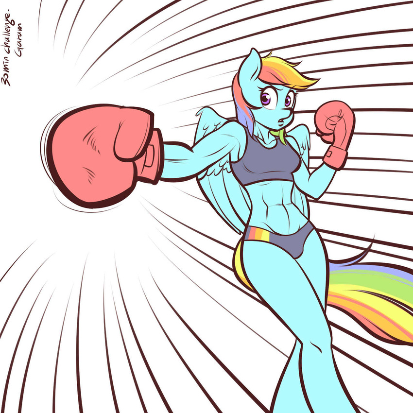 anthro anthrofied blue_fur boxing_gloves breasts clothed clothing equine female friendship_is_magic fur garam hair half-dressed horse mammal multicolored_hair my_little_pony open_mouth panties plain_background pony rainbow_dash_(mlp) rainbow_hair simple_background solo sports_bra underwear white_background wings