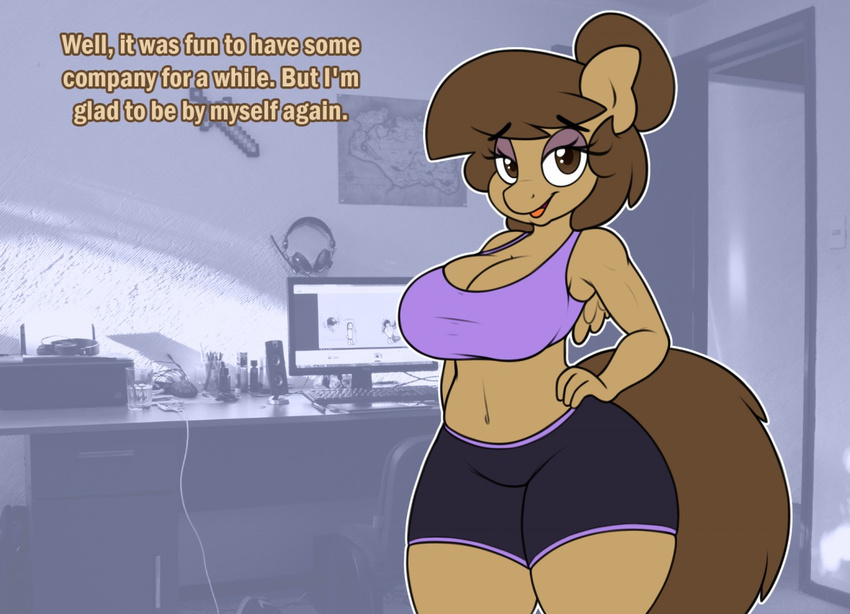 2015 anthro breasts brown_eyes cleavage clothed clothing computer dialogue english_text equine eyeshadow fan_character female georgia hair_bun hand_on_hip looking_at_viewer makeup mammal my_little_pony pegasus shorts solo stunnerman stunnerpony text wings