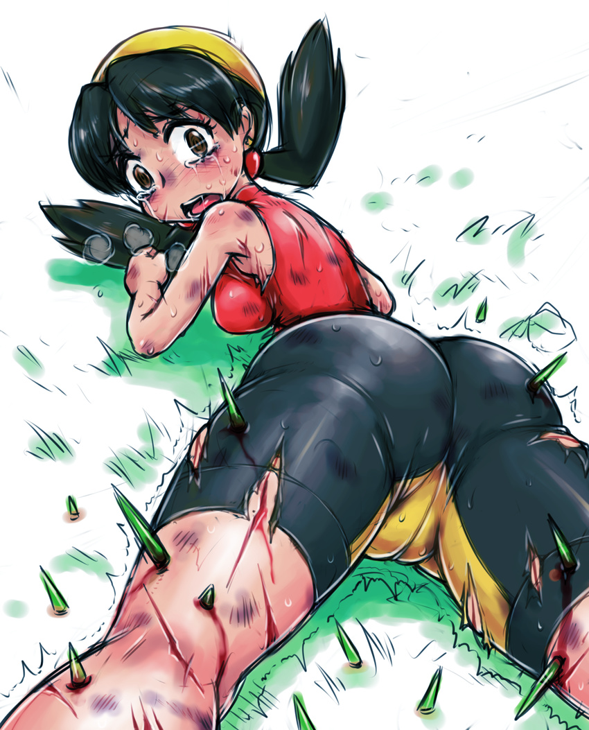 1girl ass bandanna bare_shoulders bike_shorts black_hair blood blush breasts brown_hair bruise crying crystal_(pokemon) cuts from_behind grass hun impaled injury legs long_hair looking_down lying nintendo on_stomach open_mouth pokemon pokemon_(game) pokemon_gsc sideboob solo spikes tears torn_clothes