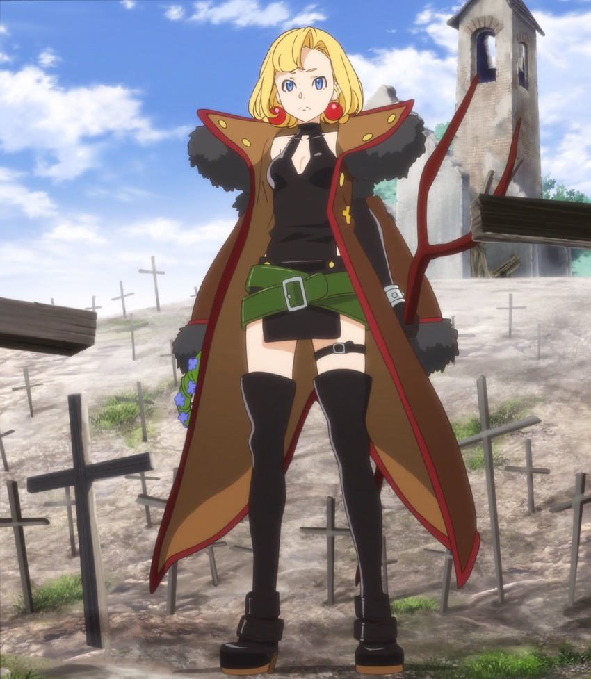 1girl belt blonde_hair blue_eyes boots breasts building cloud earrings grave highres jewelry junketsu_no_maria maria maria_(junketsu_no_maria) screencap short_hair sky solo standing thigh_strap wreath