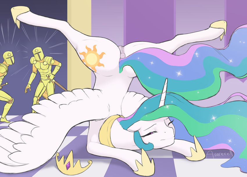 2015 anus arareroll armor equine female feral friendship_is_magic horn human male mammal my_little_pony one_eye_closed princess_celestia_(mlp) pussy royal_guard spread_legs spreading sword tiara weapon winged_unicorn wings