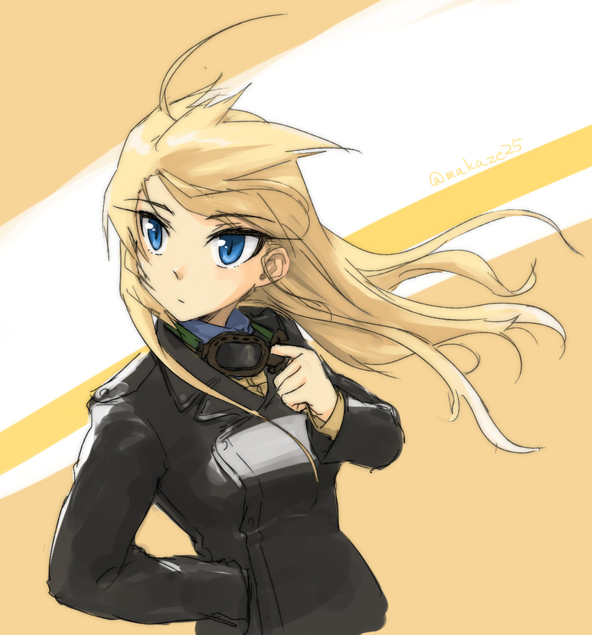 ahoge blonde_hair blue_eyes goggles hanna-justina_marseille highres long_hair long_sleeves looking_away makaze_(t-junction) military military_uniform solo strike_witches twitter_username uniform wind world_witches_series