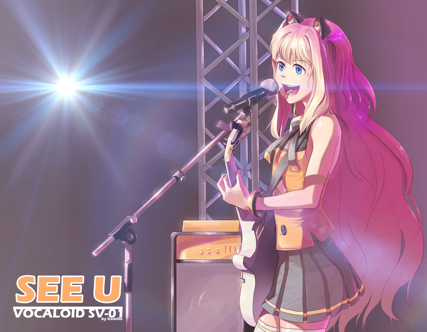absurdres animal_ears blonde_hair blue_eyes bracelet cat_ears character_name cowboy_shot guitar highres instrument jewelry kamille_(vcx68) lens_flare long_hair microphone_stand music open_mouth playing_instrument seeu singing skirt solo stage stage_lights thighhighs very_long_hair vocaloid white_legwear zettai_ryouiki