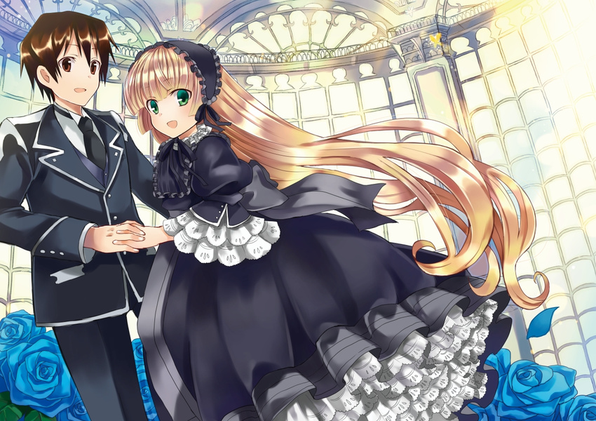 1girl :d bangs black_dress blonde_hair blue_flower blue_rose blunt_bangs brown_eyes brown_hair dress flower formal gosick gothic_lolita gown green_eyes hairband happy hime_cut indoors interlocked_fingers kujou_kazuya lolita_fashion lolita_hairband long_hair looking_at_viewer open_mouth petticoat rose school_uniform smile suit tooda_riko very_long_hair victorica_de_blois window