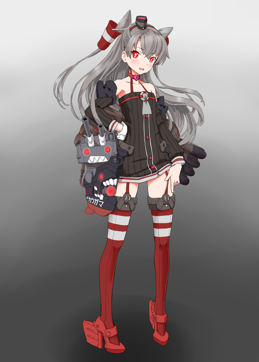 :d adapted_costume amatsukaze_(kantai_collection) bare_shoulders brown_dress choker commentary dark_persona derivative_work detached_sleeves dress garter_straps gloves glowing glowing_eyes gradient gradient_background hair_tubes hand_on_hip hand_on_thigh headgear heart-shaped_lock heart_lock_(kantai_collection) high_heels highres jewelry kantai_collection locket long_hair looking_at_viewer machinery md5_mismatch open_mouth pendant rabinidaddo red_eyes red_footwear red_legwear rensouhou-kun ribbed_dress shoes short_dress silver_hair single_glove smile solo spoilers strapless strapless_dress striped striped_legwear thighhighs tube_dress two_side_up white_gloves zettai_ryouiki