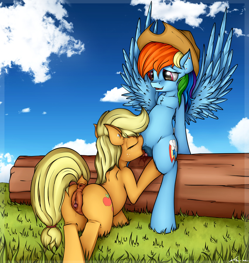 2015 accessory_swap anus applejack_(mlp) blonde_hair blue_fur butt clitoral_winking clitoris cloud cowboy_hat cunnilingus cutie_mark duo ear_piercing earth_pony equine eyes_closed female female/female feral friendship_is_magic fur grass hair hat horse mammal multicolored_hair my_little_pony neko-me oral orange_fur outside pegasus piercing pink_eyes pony pussy pussy_juice rainbow_dash_(mlp) rainbow_hair sex sky vaginal wing_boner wings