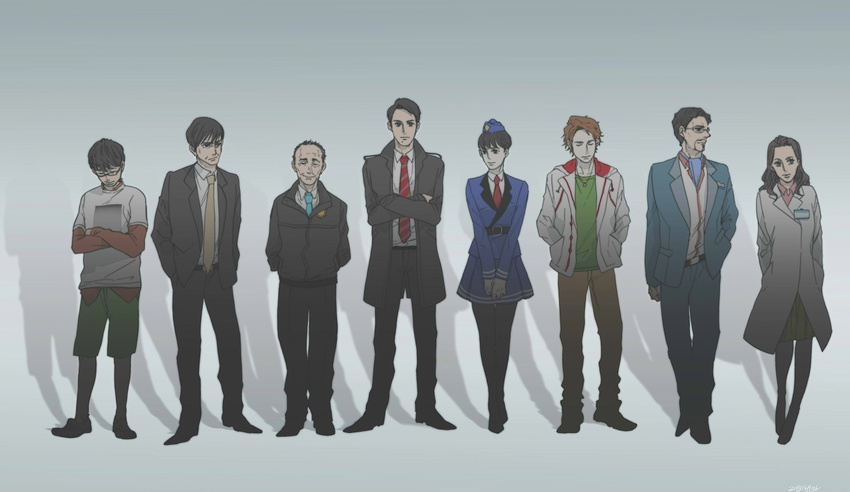 6+boys artist_request bad_id bad_pixiv_id belt-san black_hair dress_shirt formal ghost_in_the_shell_lineup honganji_jun kamen_rider kamen_rider_drive_(series) multiple_boys multiple_girls oota_genpachirou pantyhose police police_uniform saijo_kyu sawagami_rinna shijima_gou shijima_kiriko shirt suit tomari_shinnosuke uniform