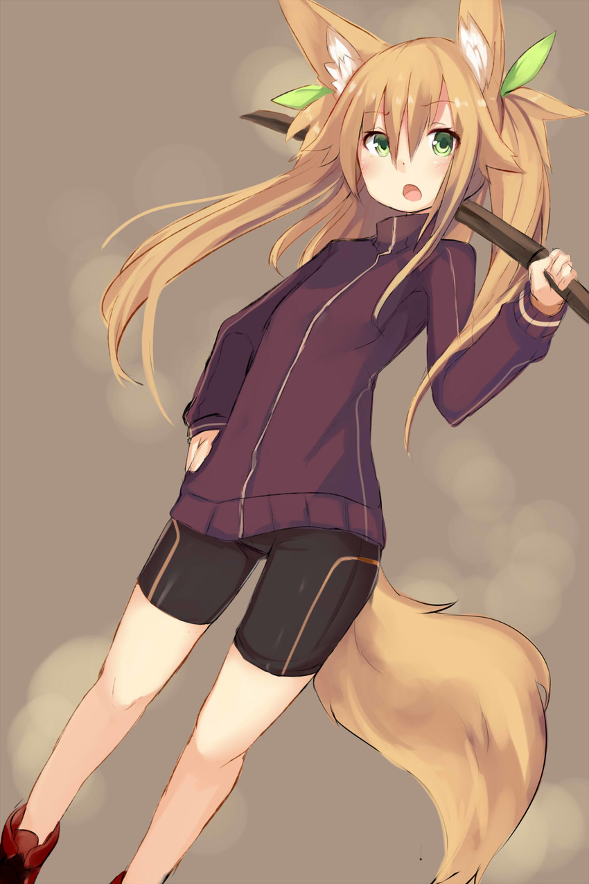 animal_ears bike_shorts blonde_hair fox_ears fox_tail green_eyes haik highres kokonoe_tsubaki long_hair original solo tail