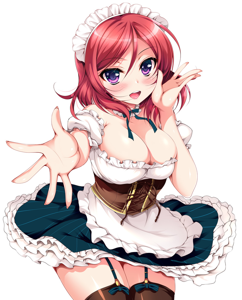 :d absurdres alternate_costume apron bare_shoulders black_legwear breasts cleavage collar corset detached_collar dirndl dress enmaided fingernails foreshortening frilled_collar frilled_dress frilled_skirt frills garter_straps german_clothes hair_between_eyes highres large_breasts looking_at_viewer love_live! love_live!_school_idol_project maid maid_headdress ninoko nishikino_maki open_mouth puffy_short_sleeves puffy_sleeves purple_eyes reaching_out red_hair round_teeth short_hair short_sleeves simple_background skirt smile solo teeth thighhighs tsurime white_background zettai_ryouiki