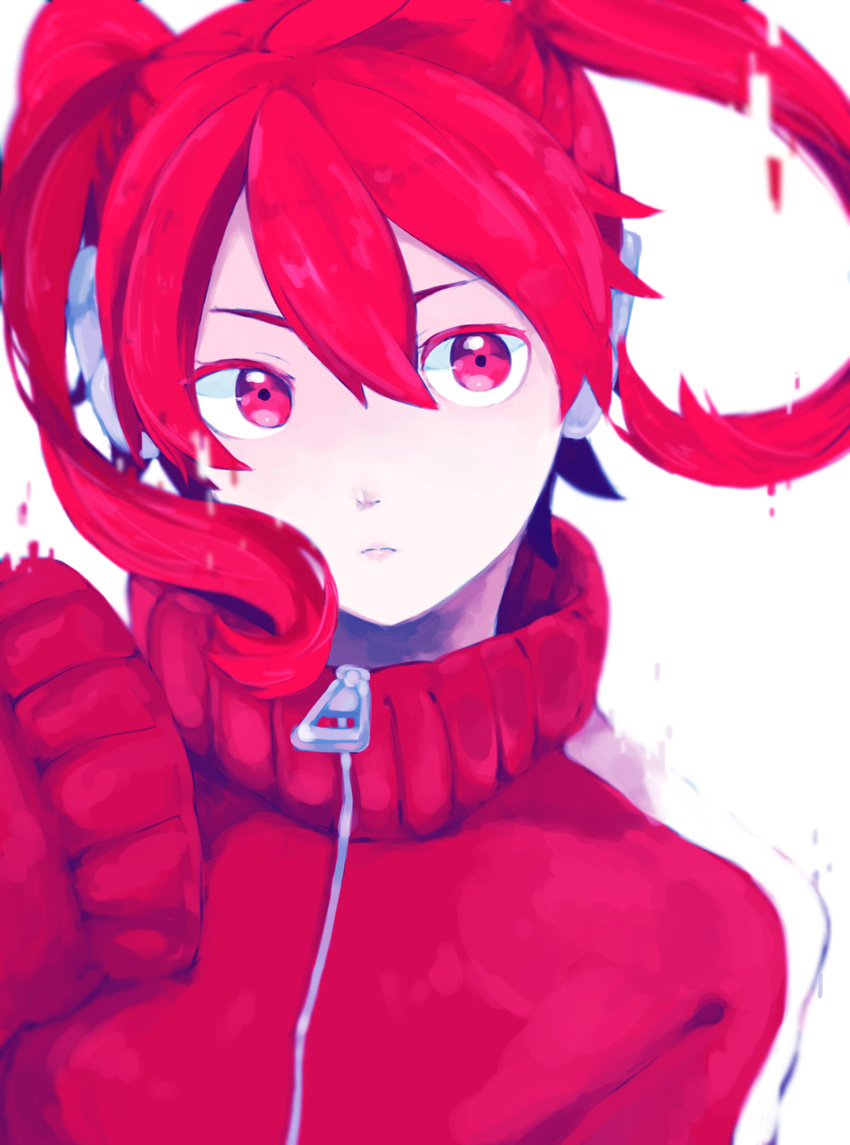 alternate_color bad_id bad_pixiv_id bangs colored_eyelashes digital_dissolve ene_(kagerou_project) headphones highres jacket kagerou_project long_sleeves looking_away nukoasa red_eyes red_hair simple_background sleeves_past_wrists solo track_jacket zipper