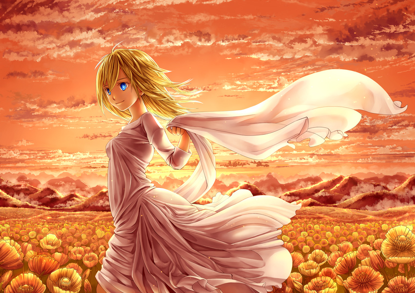 backlighting blonde_hair blue_eyes christa_renz cloud dress evening field flower flower_field from_side highres hill mamechiyo555 nature orange_(color) outdoors papaver_(flower) shingeki_no_kyojin sky solo sunlight sunset twilight white_dress wind