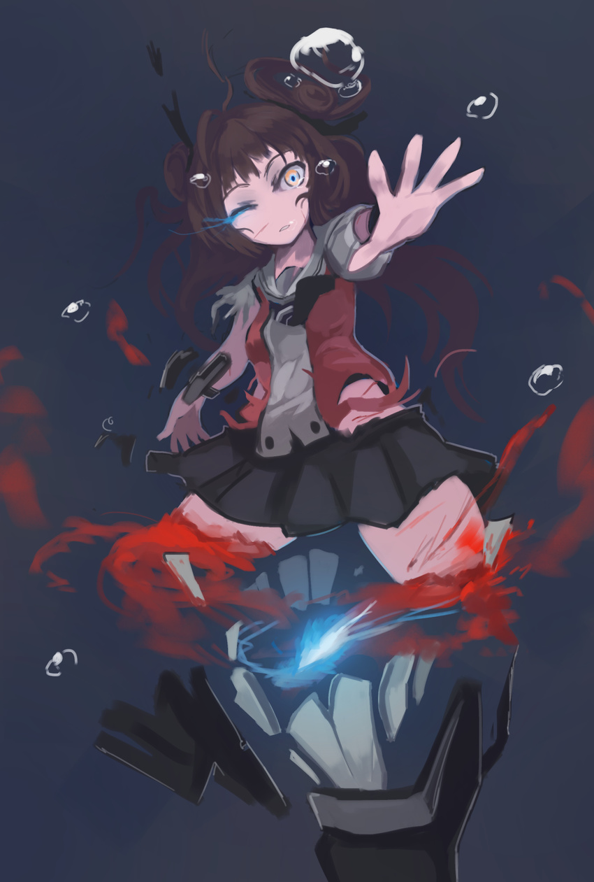 amputee arceonn blood brown_hair bubble cuts double_bun guro highres injury kantai_collection legless light_cruiser_oni naka_(kantai_collection) outstretched_arm pain short_hair sinking skirt solo_focus torn_clothes underwater