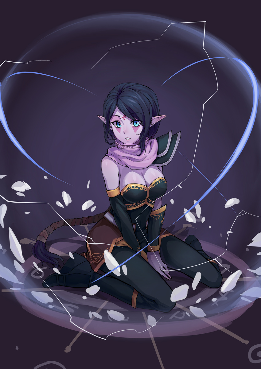 absurdres bare_shoulders black_gloves black_hair blue_eyes breasts cleavage defense_of_the_ancients dota_2 elbow_gloves facial_mark forehead_mark frostcyco gloves highres lanaya large_breasts long_hair parted_lips pointy_ears purple_skin shoulder_pads sitting solo