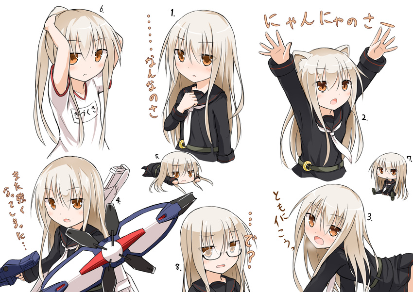 after_war_gundam_x alternate_costume animal_ears black_serafuku black_skirt blush brown_eyes cat_ears chibi commentary_request crescent glasses gundam gundam_x_divider gym_uniform hair_between_eyes kantai_collection kemonomimi_mode kikuzuki_(kantai_collection) long_hair long_sleeves neckerchief nose_blush open_mouth pleated_skirt school_uniform serafuku sitting skirt solo translation_request white_hair yamato_tachibana