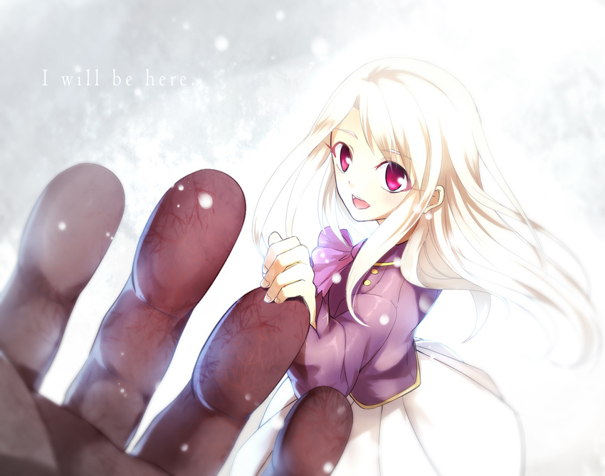 achiba berserker fate/stay_night fate_(series) holding_hands illyasviel_von_einzbern long_hair red_eyes size_difference snow snowing solo_focus white_hair