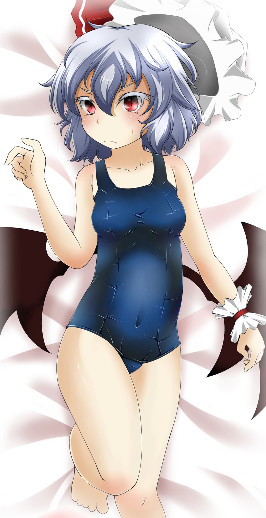 bed blush covered_navel frown fumi_(fumifumi-graffiti) hat highres lying one-piece_swimsuit red_eyes remilia_scarlet school_swimsuit skindentation solo swimsuit touhou wings