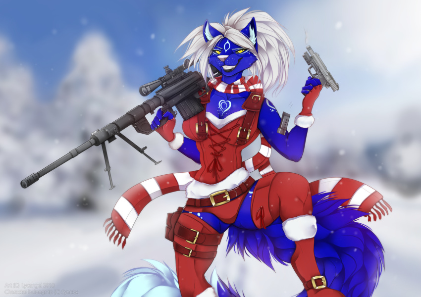 2018 5_fingers anthro blue_fur breasts canine clothed clothing dual_wielding female fur gun hair handgun holding_object holding_weapon lycangel mammal ranged_weapon rifle smile sniper_rifle solo standing weapon white_hair yellow_eyes