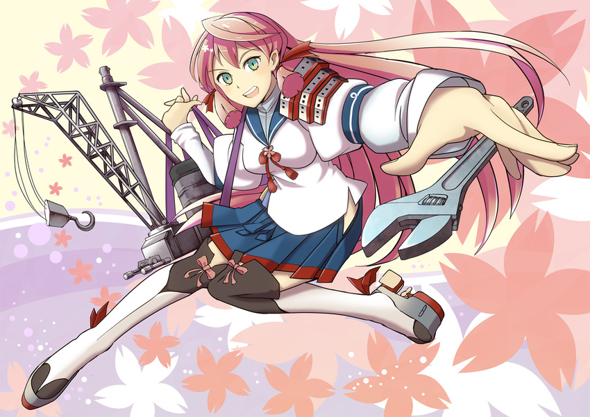 adjustable_wrench akashi_(kantai_collection) aroha_j green_eyes hair_ribbon highres hip_vent kantai_collection long_hair looking_at_viewer open_mouth pink_hair ribbon school_uniform serafuku skirt smile solo thighhighs tress_ribbon wrench