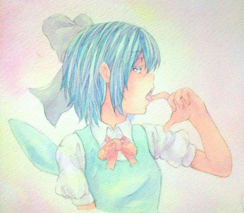 acrylic_paint_(medium) blue_eyes blue_hair cirno finger_to_mouth fingernails gradient gradient_background graphite_(medium) hair_ribbon highres open_mouth puffy_short_sleeves puffy_sleeves ribbon short_hair short_sleeves sideways_glance solo tongue touhou traditional_media vest watercolor_(medium) wings yuyu_(00365676)