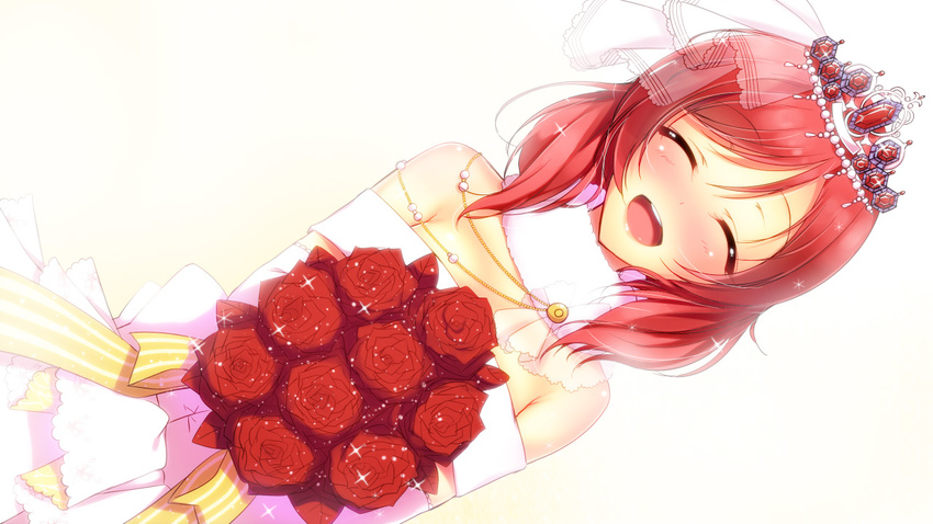:d ^_^ bouquet closed_eyes detached_collar dress dutch_angle flower fur_collar holding holding_flower love_live! love_live!_school_idol_project nishikino_maki off-shoulder_dress off_shoulder open_mouth red_hair ribbon rose simple_background smile solo sparkle tiara veil wedding_dress white_background yu-ta
