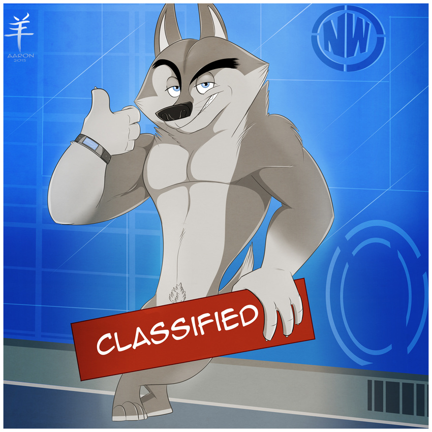 aaron_(artist) agent_classified canine censored character_from_animated_feature_film looking_at_viewer madagascar male mammal muscles nude smirk solo thumbs_up wolf