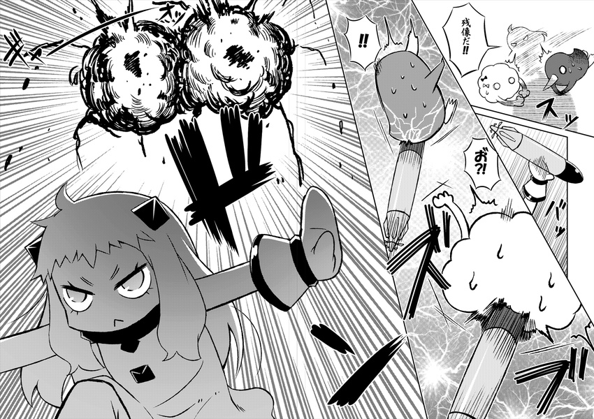 !! /\/\/\ 1girl :&lt; angry bare_shoulders closed_mouth comic dress explosion failure_penguin gloves greyscale headgear horns kantai_collection long_hair miss_cloud mittens monochrome northern_ocean_hime o_o ribbon shinkaisei-kan spoken_exclamation_mark tamago_(yotsumi_works) torpedo translated v-shaped_eyebrows