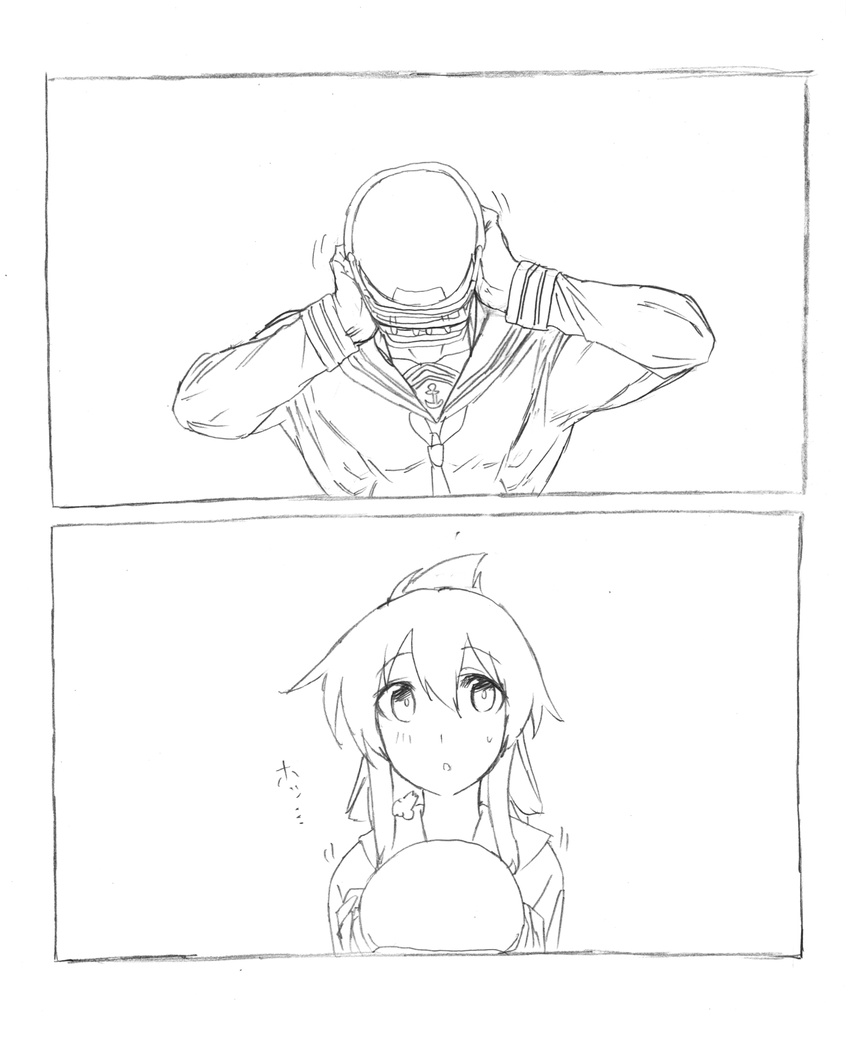 blew_andwhite comic folded_ponytail football_helmet greyscale helmet highres inazuma_(kantai_collection) kantai_collection monochrome muscle removing_helmet sigh translated
